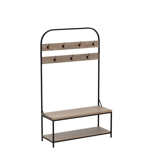 IBF Coat Rack with Shoe Bench, Modern Hall Tree with Storage Bench for Entryway, Industrial Metal and Wood Coat Tree with Shelf and Hanging Hook, Rustic Oak, 70 Inch