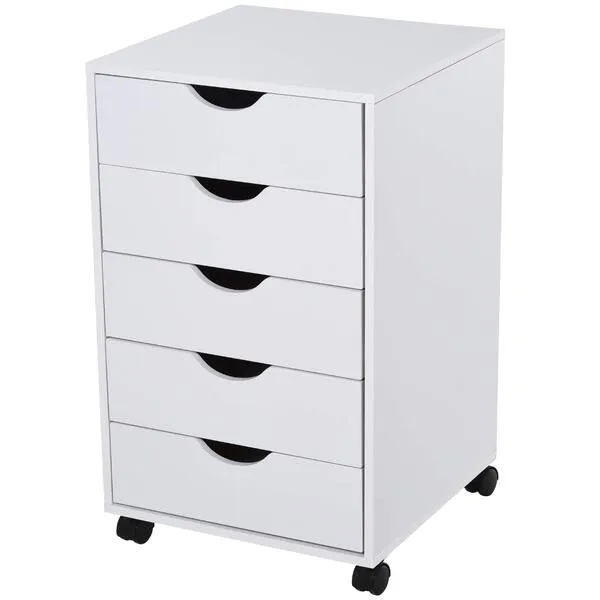 HOMCOM 5 Drawer Storage Organizer Office Cabinet with Nordic Minimalist Modern Style & Wheels, White