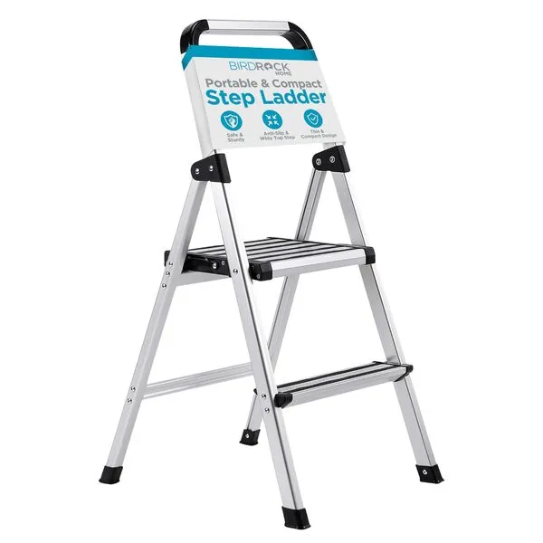 BIRDROCK HOME 2-Step Aluminum Step Ladder - Lightweight Foldable Stepladder with Wide Non-Slip Steps - Ideal for Kitchen, Pantry, Closets, and Home Office - Space-Saving Design - Indoor Use - Silver
