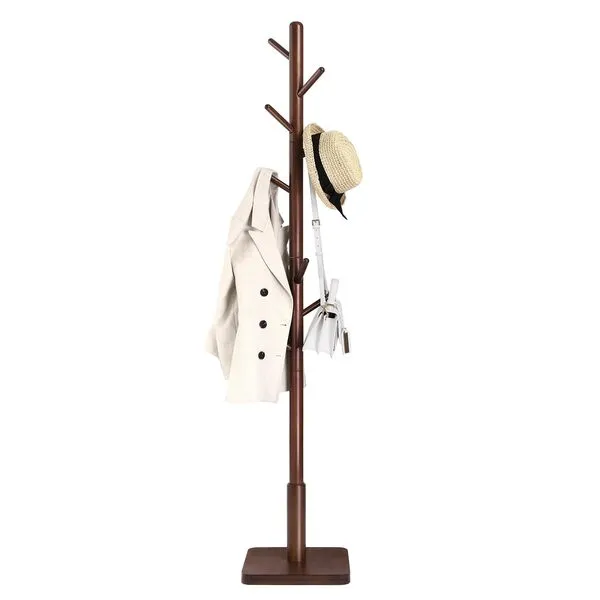 VASAGLE Solid Wood Coat Rack, Wood Hall Tree, Coat Rack Stand with 8 Hooks, Stable Square Base, 3 Height Options, for Living Room, Bedroom, Home Office, Dark Walnut URCR010W01