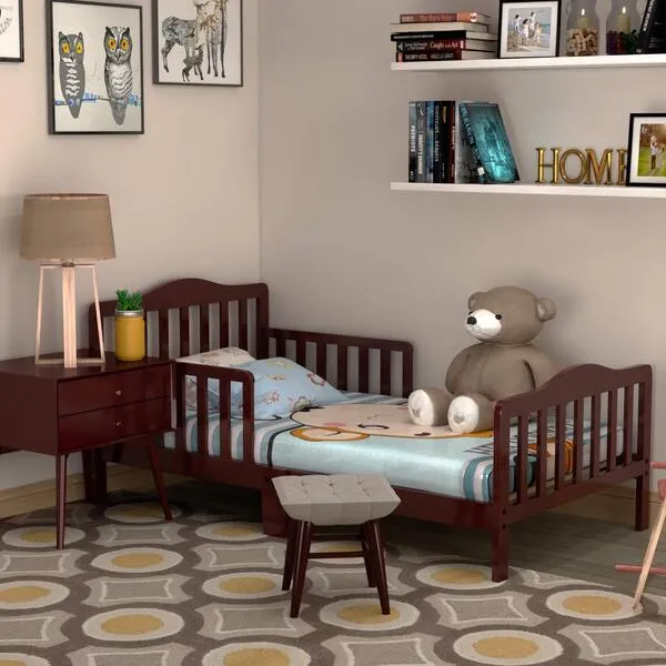 HONEY JOY Toddler Bed Frame, Solid Rubber Wood Frame w/Safety Guardrail, Fits Crib Full Size Mattress (Not Included), Children Classic Sleeping Bedroom Furniture for Kids Boys Girls(Brown)