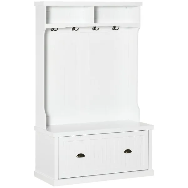 HOMCOM Entryway Bench with Coat Rack, 4 Double Hooks and 2 Compartments, Hall Tree with Bench and Shoe Storage for Hallway, Living Room, White