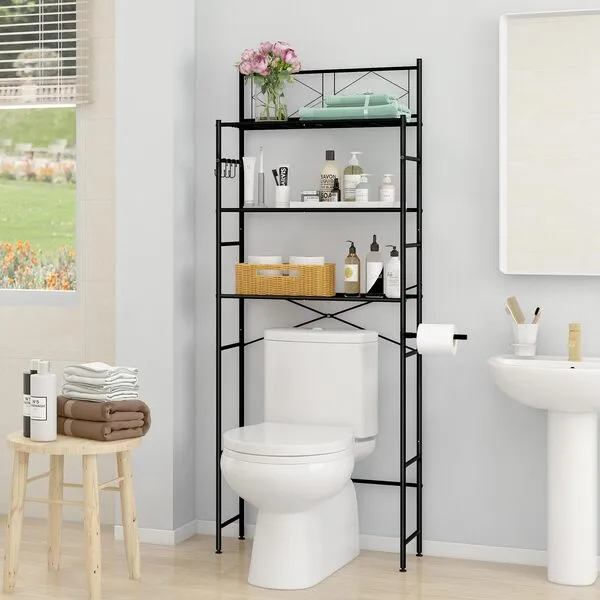 MallBoo Over The Toilet Storage Rack,Metal 3-Tier Over Toilet Organizer Shelf,Freestanding Above Toilet Shelf for Bathroom, Laundry(Black)
