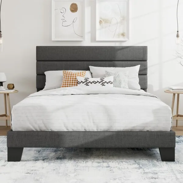 SHA CERLIN Queen Platform Bed Frame with Upholstered Fabric Headboard, Mattress Foundation with Strong Wooden Slats Support, No Box Spring Needed, Grey
