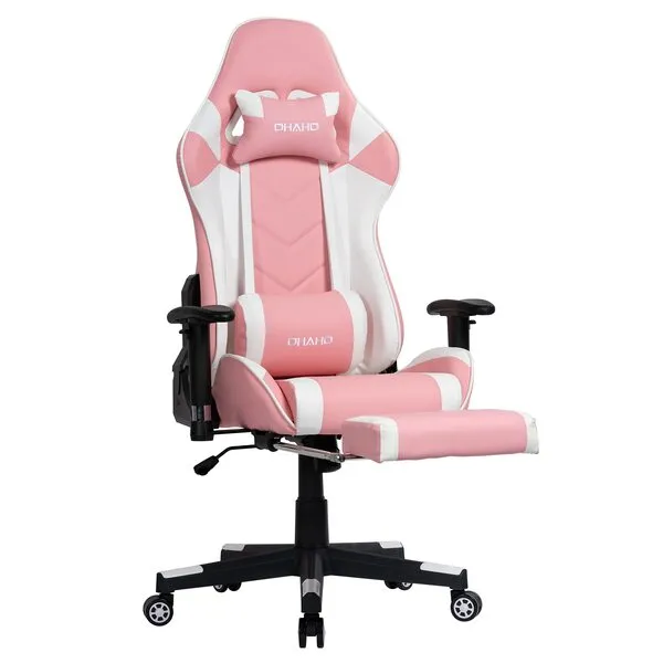 OHAHO Gaming Chair Racing Style Office Chair Adjustable Massage Lumbar Cushion Swivel Rocker Recliner High Back Ergonomic Computer Desk Chair with Retractable Arms and Footrest (Pink/White)