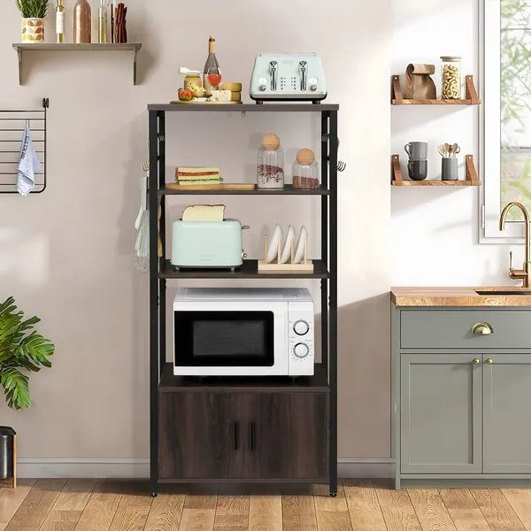 Iwell Bakers Rack, Microwave Stand 3 Tiers, Coffee Bar Cabinet, Coffee Station with 8 S-Shaped Hooks, Kitchen Storage Shelf Rack for Spices, Pots and Pans, Dark Brown