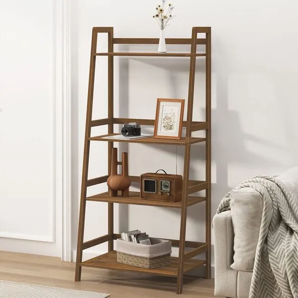 sogesfurniture, 4-Tier Bamboo Ladder Shelf, Rustic Style, Bookshelf Storage Rack, 18.9x11.8x46.5 inches, Brown