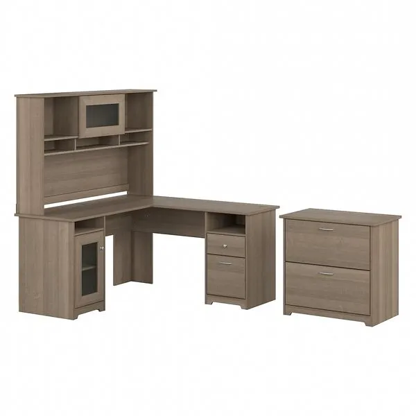 Bush Furniture Cabot 60W L Shaped Computer Desk with Hutch and Lateral File Cabinet in Ash Gray