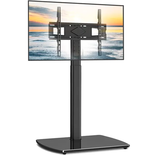 Universal Floor TV Stand Base for Most 26 to 65 Inch TVs with ±30° Swivel Mount, Height Adjustable 65 inch TV Stand with Cable Management, Space Saving Tempered Glass Base Perfect for Storage