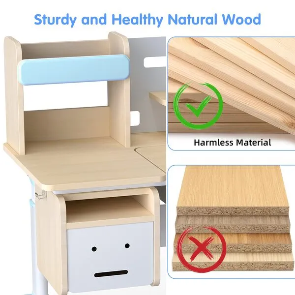 Wood Adjustable Height Kids Study Desk with Chair Drafting Table Computer Station Built-in Bookshelf Hutch Multi Function (Blue, Wood of Fir)