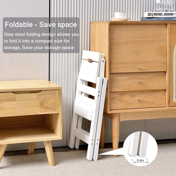 Folding Step Stool Step Ladder 2 Tier, Multi-Functional Folding Solid Wood Ladder Stool, Step Stool Household Muliti-Color Step Ladder Stool for Household and Office 330lbs,White,2step