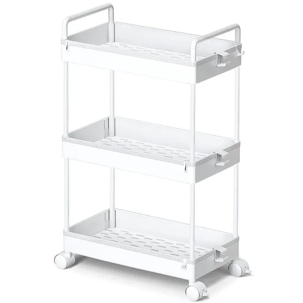 Ronlap 3 Tier Classic Storage Rolling Cart Slim Storage Cart with Wheels Slide Out Storage Rolling Cart Organizer Plastic for Bathroom Laundry, White