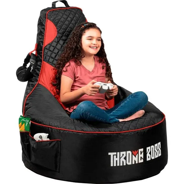 Throne Boss Gaming Bean Bag Chair Kids [Cover ONLY No Filling] with High Back - for Gaming Room - Low Gaming Chair on The Floor - Teens and Kids Bean Bag Chairs - Gamer Beanbag Chair (Black/Red)