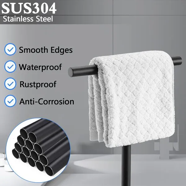 1 Pack Bath Hand Towel Holder Standing, SUS304 Stainless Steel Matte Black T-Shape Towel Bar Rack Stand, Tower Bar for Bathroom Kitchen Vanity Countertop