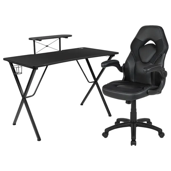 Flash Furniture Black Gaming Desk and Black Racing Chair Set with Cup Holder, Headphone Hook, and Monitor/Smartphone Stand