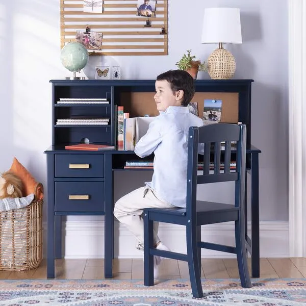 Guidecraft Taiga Desk, Hutch and Chair Set - Navy: Kids Wooden Study Computer Workstation, Children's Bedroom Table with Storage Drawers and Adjustable Shelves