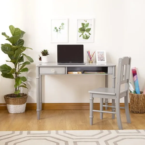Guidecraft Children\'s Dahlia Desk and Chair Set - Gray: Kids Wooden Study Table for Computer, Homework, Writing with Storage Drawers, Bedroom Furniture Workstation