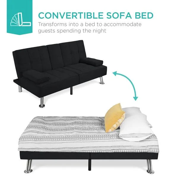 Best Choice Products Linen Modern Folding Futon, Reclining Sofa Bed for Apartment, Dorm w/Removable Armrests, 2 Cupholders - Black