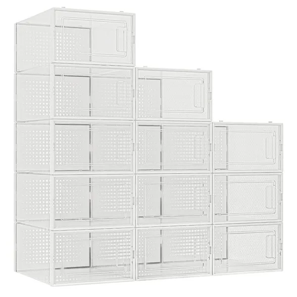 12 Pack Shoe Organizer Storage Bins Clear Plastic Stackable Shoe Boxes for Closet, Space Saving Foldable Shoe Storage Case, Sneaker Storage Shoe Box Container