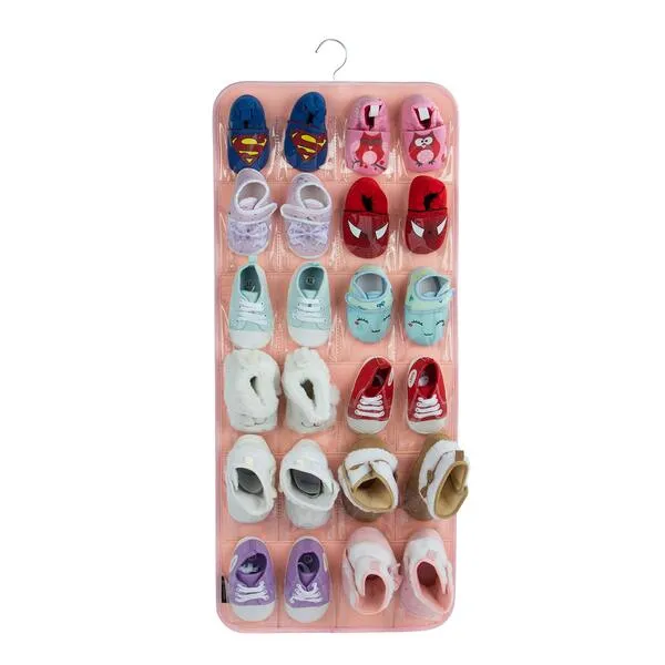 PACMAXI Over The Door Shoes Organizer for 12 Pairs of Baby Shoes Boys Girl, Hanging Baby Shoe Organizer with Hanger(Felt Material-Pink)
