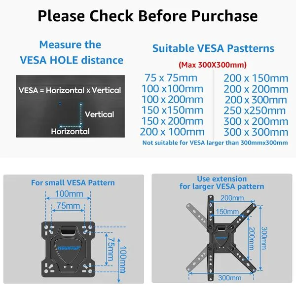 MOUNTUP Full Motion TV Wall Mount for Most 26-50 Inch TVs, Max VESA 300x300mm Wall Mount TV Bracket with Swivel Tilting Extension Level Adjustment for LED LCD Flat Curved TVs Up to 53 LBS, MU0018