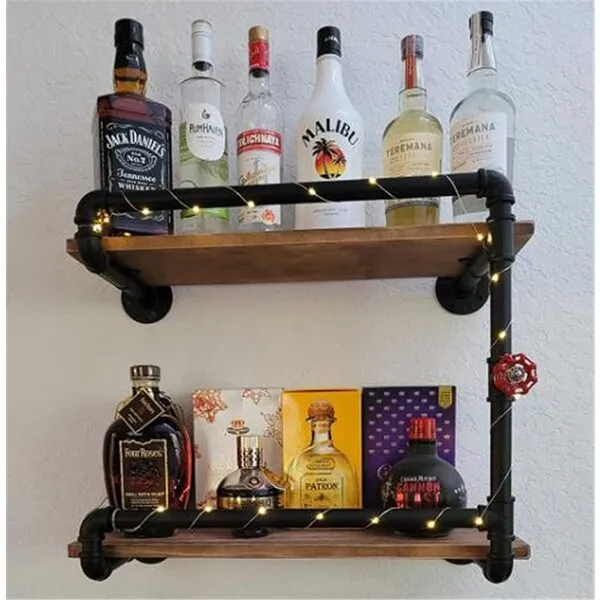 Industrial Wall Mounted Wine Racks with 4 Stem Glass Holder,24inch Rustic Metal Hanging Wine Holder Glass Rack,2-Tiers Floating Bar Shelves Bottle Holder Storage Shelves,Wood Shelves Wall Shelf