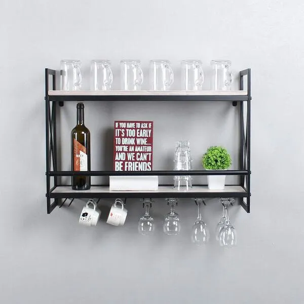 MBQQ Rustic Wall Mounted Wine Racks with 7 Stem Glass Holder,30in Industrial Metal Hanging Wine Rack,2-Tiers Wood Shelf Floating Shelves,Home Room Living Room Kitchen Decor Display Rack,Retro White