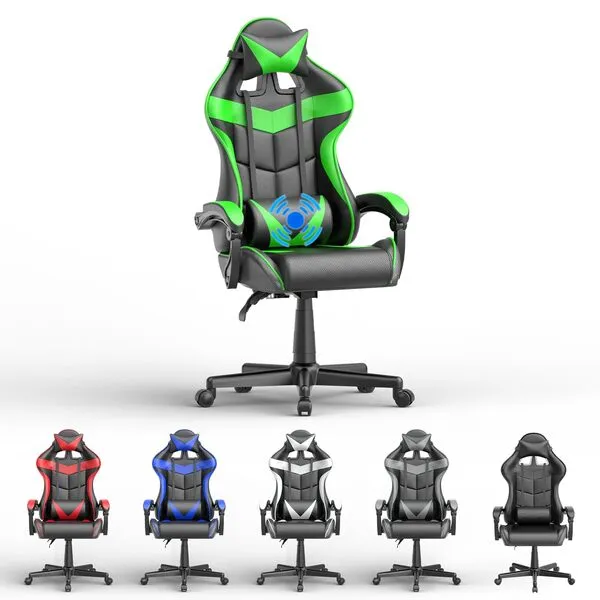 Soontrans Green Gaming Chair with Massage,Racing Gamer Chair for Teens, Ergonomic Game Chair with Adjustable Headrest and Lumbar Support (Jungle Green)