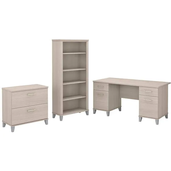 Bush Furniture Somerset 60W Office Desk with Lateral File Cabinet and 5 Shelf Bookcase in Sand Oak