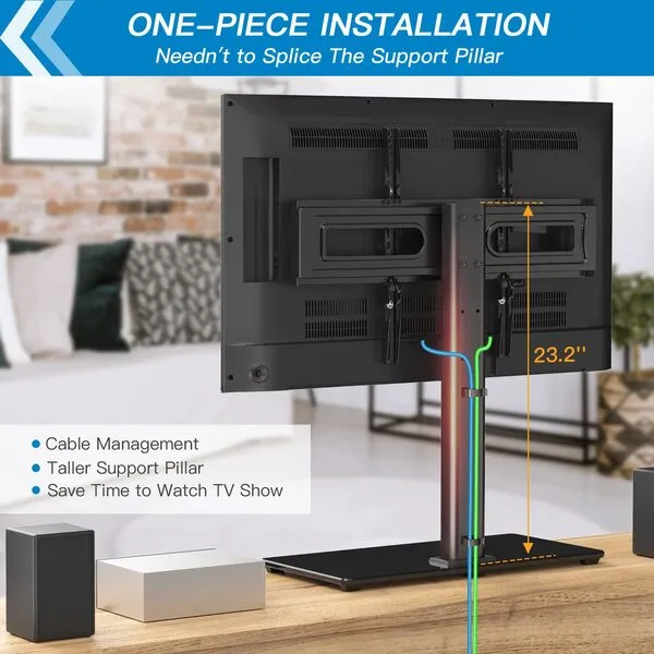 PERLESMITH Swivel Universal TV Stand Mount for 32-80 Inch LCD OLED Flat/Curved Screen TVs up to 99lbs-Height Adjustable Table Top TV Stand/Base with Tempered Glass Base&Wire Management,VESA 600x400mm