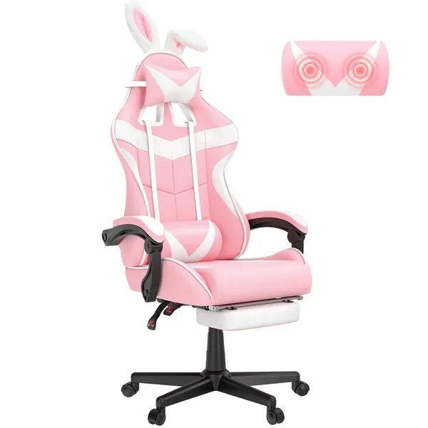 Soontrans Pink Gaming Chair with Footrest,Lovely Bunny Computer Gamer Chair,Gamer Desk Chair for Granddaughter,Sister,Girlfriend,Wife and Love (Pink)