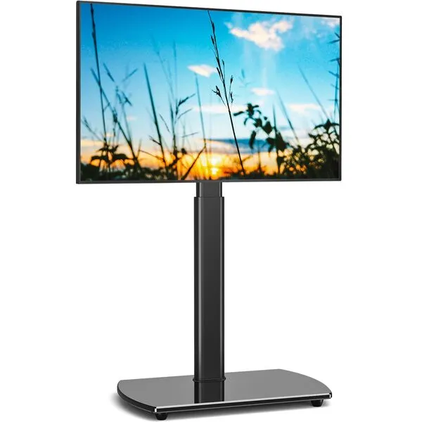 YOMT Universal TV Floor Stand with Apple TV/Roku Ultra Mount for 27-65 Inch LCD LED OLED TVs, Swivel Height Adjustable and Space Saving Design for Corner Bedroom Living Room, Black