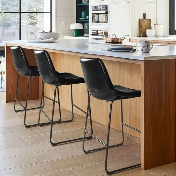 LEMBERI 26 inch Bar Stools Set of 2, Modern Counter Height Bar Stools, Faux Leather Barstool with Back and Metal Leg, Armless Dining Chairs for Kitchen Island Pub Living Room (Black, 2pcs 26