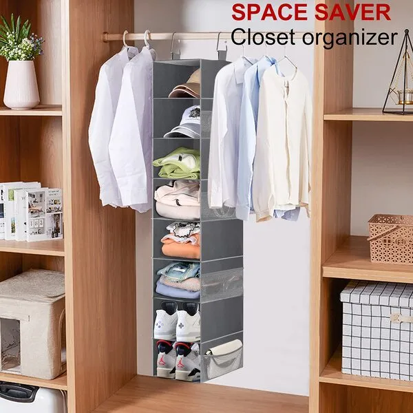 MISSLO 8-Shelf Hanging Shoe Organizer Clothes Closet Organizers and Storage Shelves Hat Holder with Large Shelf and Side Mesh Pockets for Hats Handbags Kid Sweater, Grey