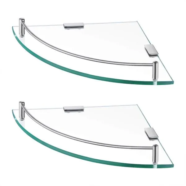 KES Glass Corner Shelf for Bathroom Corner Shelf 2 Pack Tempered Glass Shelf with Rail SUS 304 Stainless Steel Wall Mounted Brushed Finish, BGS2101A-2-P2