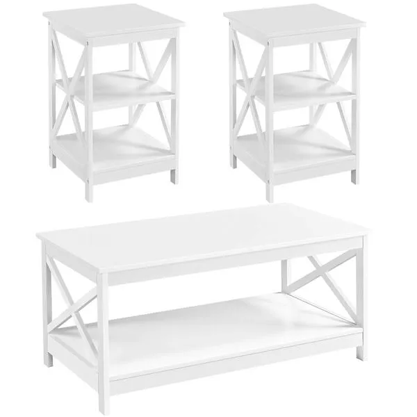 Topeakmart Modern Wood 3-Piece Table Set - Includes 1 Coffee Table w/Shelf & 2 x 3-Tier X Shape Sofa Side End Tables, Living Room Accent Furniture, White