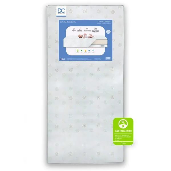 Delta Children Twinkle Galaxy Dual Sided Crib and Toddler Mattress - Premium Sustainably Sourced Fiber Core - Waterproof - GREENGUARD Gold Certified (Non-Toxic) - 7 Year Warranty - Made in USA