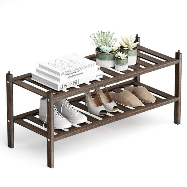 Dranixly Bamboo 2-Tier Shoe Rack Stackable Shoe Shelf Storage Organizer for Entryway, Hallway and Closet, 27.2