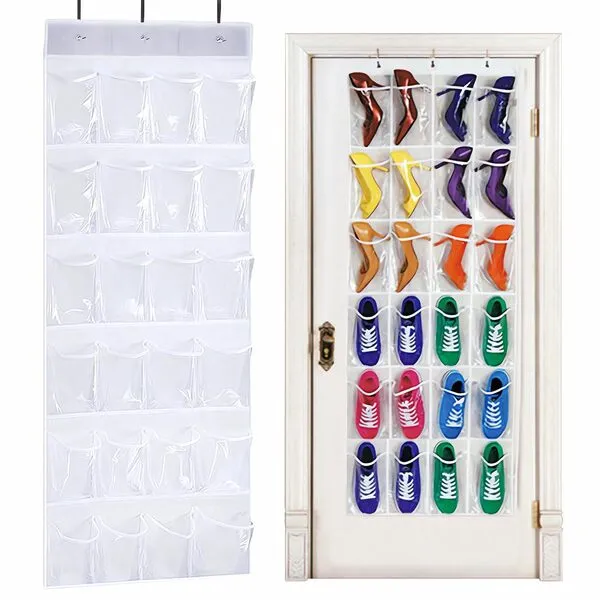 QUMENEY 24 Pockets Over The Door Shoe Organiser, Folding Hanging Organiser Shoe Racks with Hooks, Heavy-Duty Hanging Mesh Shoe Holder for Badroom, Bathroom, Wardrobe (1)