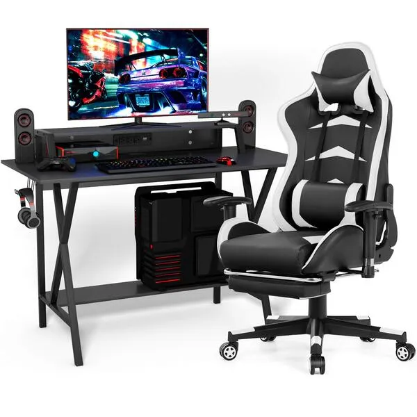 Tangkula Gaming Desk and Chair Set, E-Sport Gamer Desk & Racing Chair Set, w/Monitor Stand, Cup Holder, Earphone Hook, Seat Height Adjustment, Reclining Backrest & Footrest, Gaming Recliner Desk Set