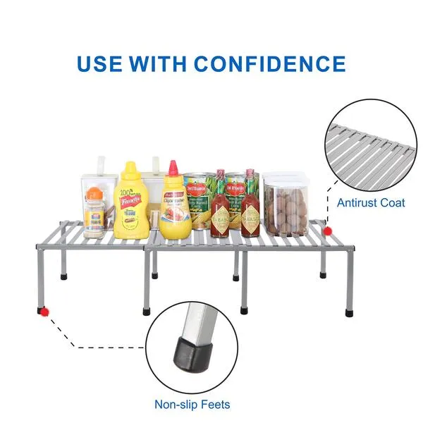 STORAGE MANIAC Set of 4 Kitchen Rack, Expandable Kitchen Storage Rack, Kitchen Shelf Organizer Rack, Adjustable Kitchen Bakers Rack, Kitchen Organization Shelf Rack for Cabinet, Bathroom, Silver Gray