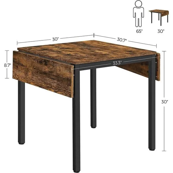 VASAGLE Folding Dining Table, Drop Leaf Extendable, for Small Spaces, Seats 2-4 People, Industrial, 33.3 x 30.7 x 30 Inches,Brown
