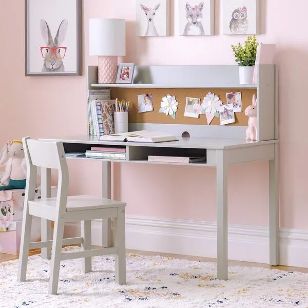 Martha Stewart Kids' Desk with Hutch and Chair Set - Gray (Ages 5-12 years) Children's Wood Study Computer Table w/ Storage Shelf, Bulletin Board, and Cubbies | Kids Room Furniture for Girls and Boys