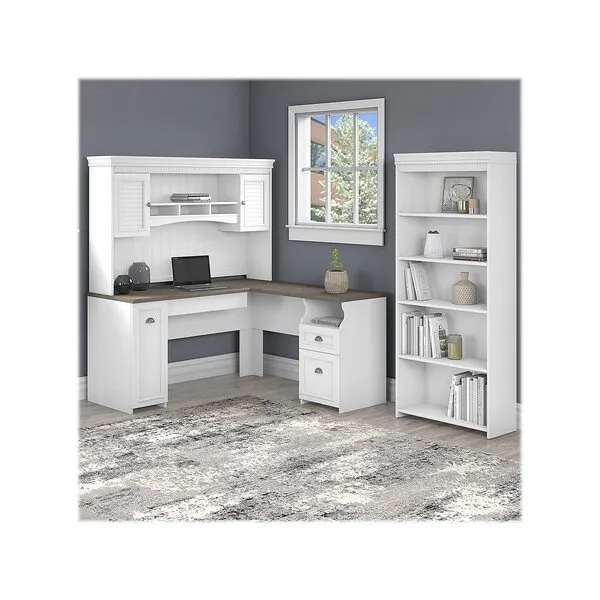 Bush FV005G2W 60-Inch L-Shaped Desk w/Hutch, 5-Shelf Bookcase Shiplap Gray/Pure White