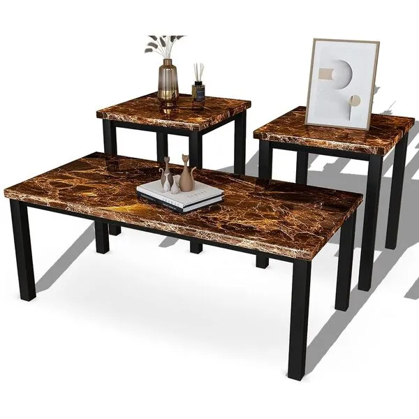 DKLGG Faux Marble Coffee Table Set of 3 Piece, Living Room Table Set Coffee Table & 2pcs End Table with Metal Frame Sofa Side Tables Perfect for Living Room Apartment Accent Furniture