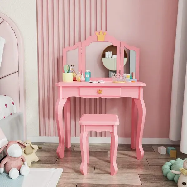 JOYMOR Kids Vanity Set with Mirror, 2 in 1 Princess Makeup Dressing Table and Stool Set with Drawer, Solid Toddler Vanity Table w/Detachable Top, Girls Pretend Play Vanity Set for Kids Age 3-9