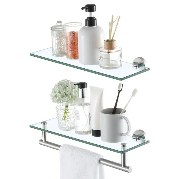 KES Glass Shelves for Bathroom, 16-Inch Bathroom Shelf Tempered Glass 2 Pack Wall Mount SUS 304 Stainless Steel Brushed Finish, A2022S41-2-C1