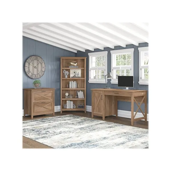 Bush Furniture Key West 54W Computer Desk with 2 Drawer Lateral File Cabinet and 5 Shelf Bookcase in Reclaimed Pine