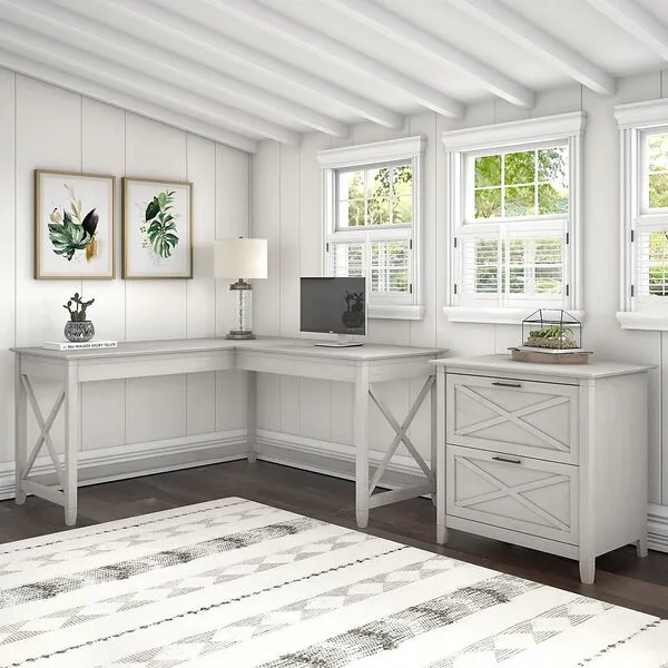 Bush Furniture Key West 60W L Shaped Desk with 2 Drawer Lateral File Cabinet in Linen White Oak