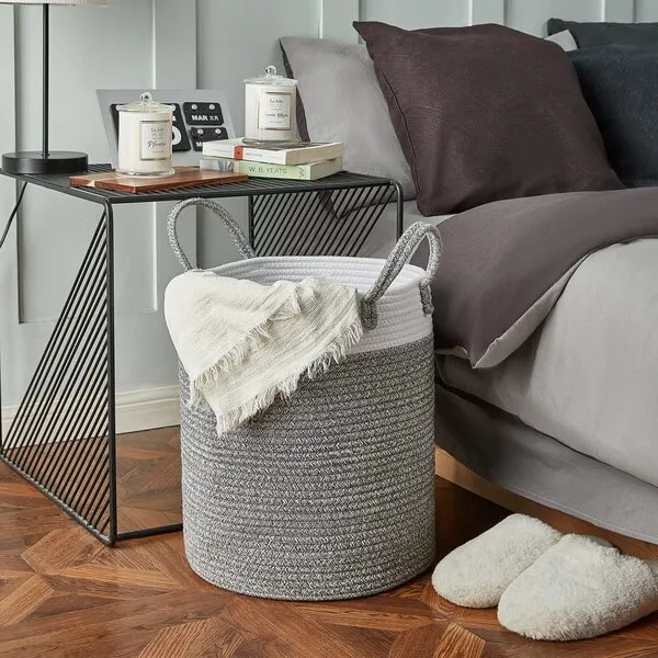 LA JOLIE MUSE Woven Rope Basket Hamper, Tall Cotton Laundry Basket 16 x 14 x 14 Inches, Clothes Blanket Storage Baskets for Living Room Nursery Bedroom Bathroom, White & Gray